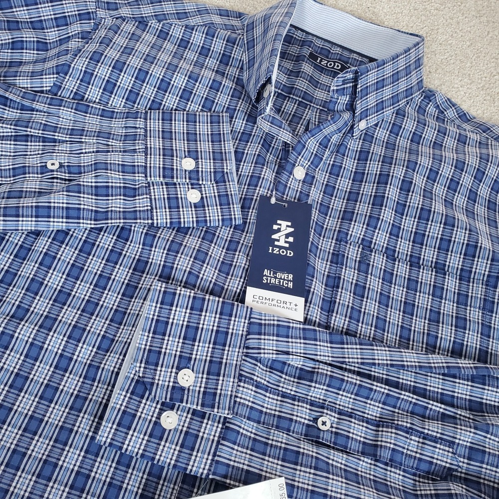 IZOD Men's Button Down Shirt Size M Medium Stretch Blue Plaid Long Sleeve NWTGS
